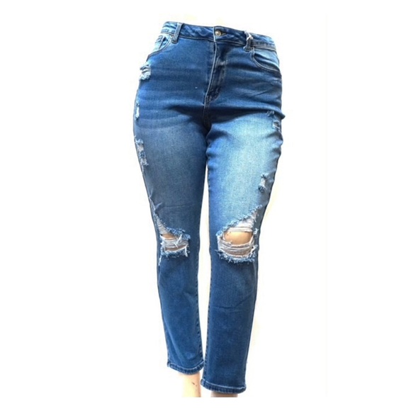 Women Wax Plus Size Blue Ripped Mom Jeans 90250 XL - Picture 1 of 5